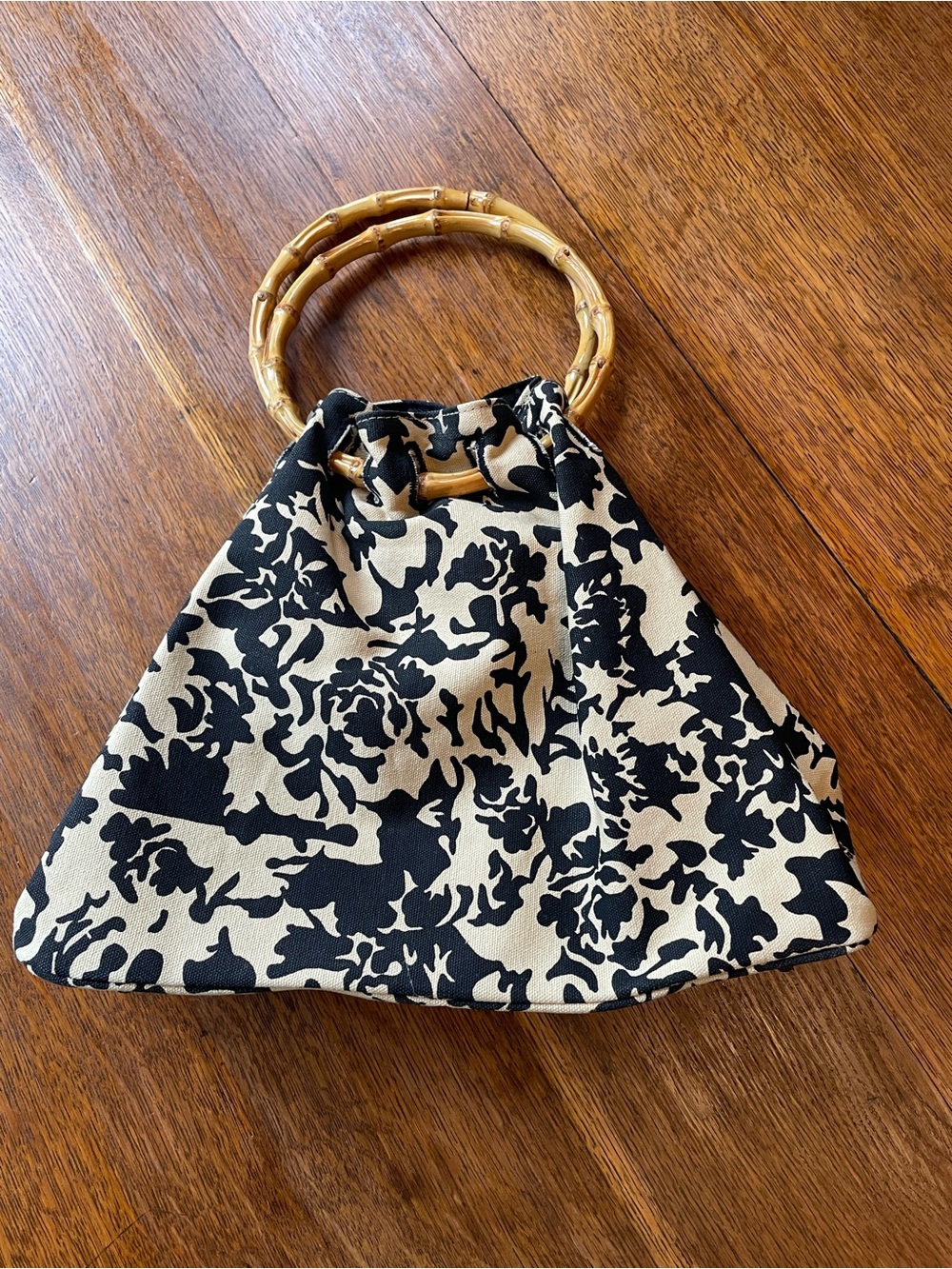 Vintage Avon Black Tan Floral Tote Bag Bamboo Handles